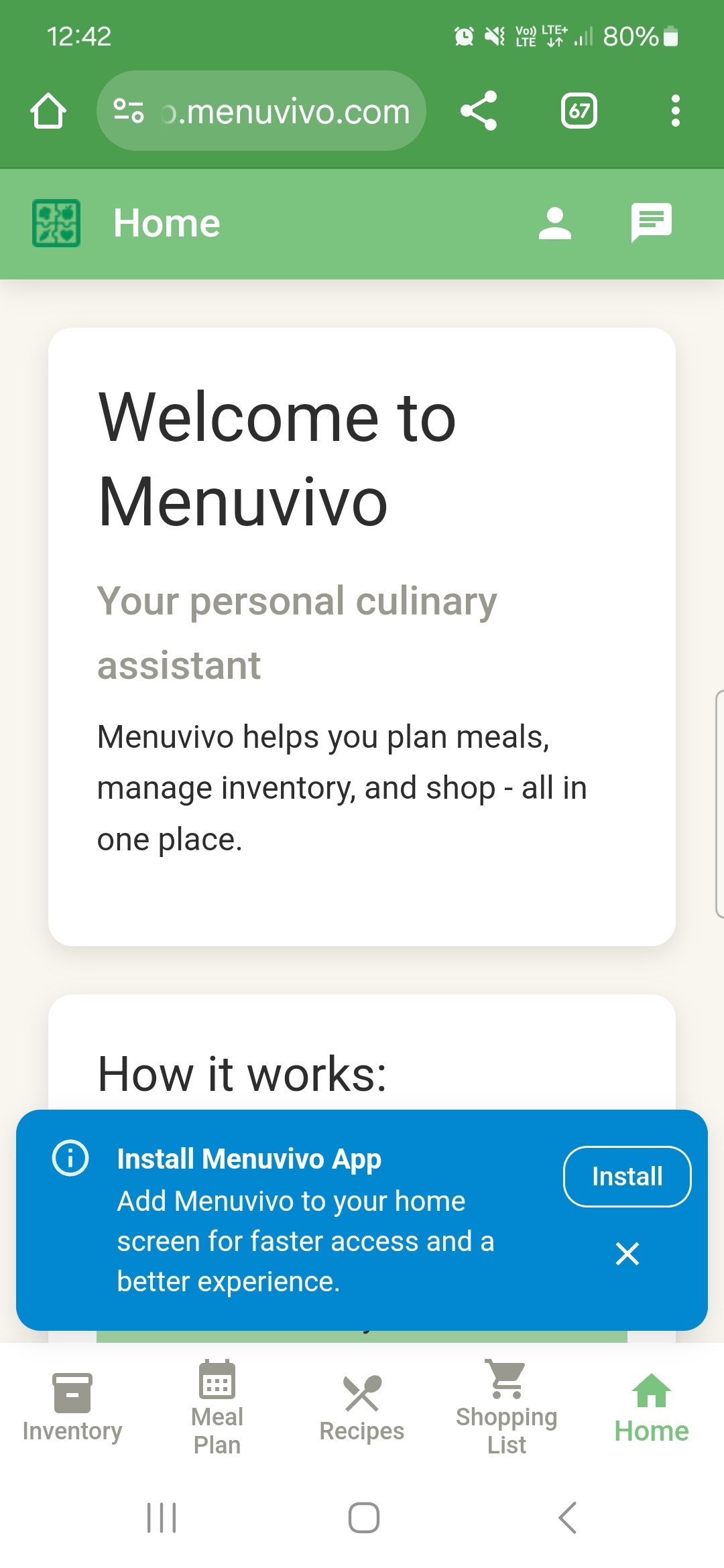 Welcome screen of Menuvivo